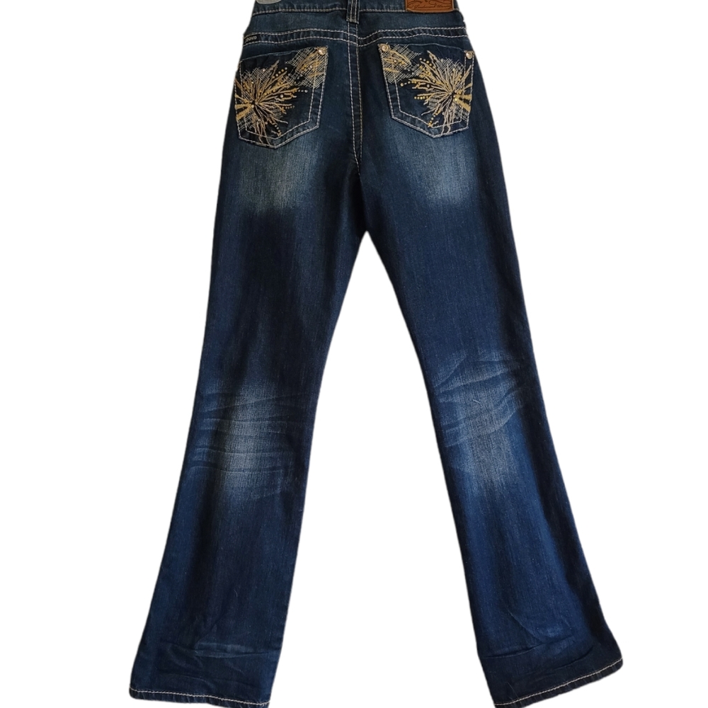 Adiktd Women's Size 8 34" Inseam embellished Pocket Split Ankle hem Dark Wash De
